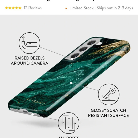 BURGA Samsung Galaxy S22 Plus Phone Case Green Marble Gold‎ Glitter Hard Shell - Picture 9 of 10